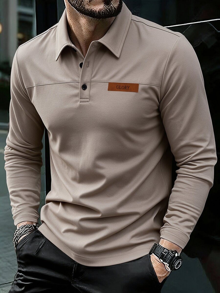 Calvornis 秋冬男士成熟老錢風卡其色素面小標 Polo 衫 - 卡其色 - 查看 1