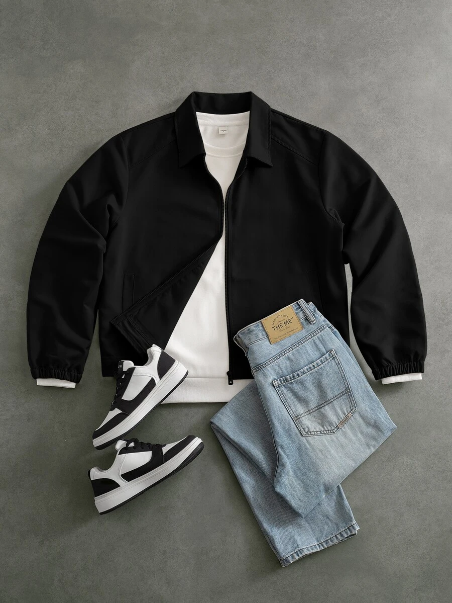 Manfinity Homme Men's Solid Color Long Sleeve Zip-Up Jacket With Collar - Black - View 1
