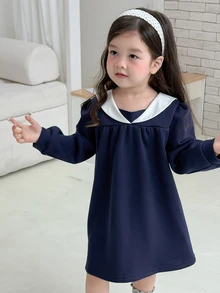 DAZY Baby Girl Long Sleeve Colorblock Collar Loose Casual Dress - Navy Blue - View 3