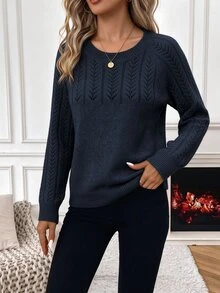 SHEIN 女款素色鏤空圓領長袖休閒套頭毛衣 - 藏蓝色 - 查看 3
