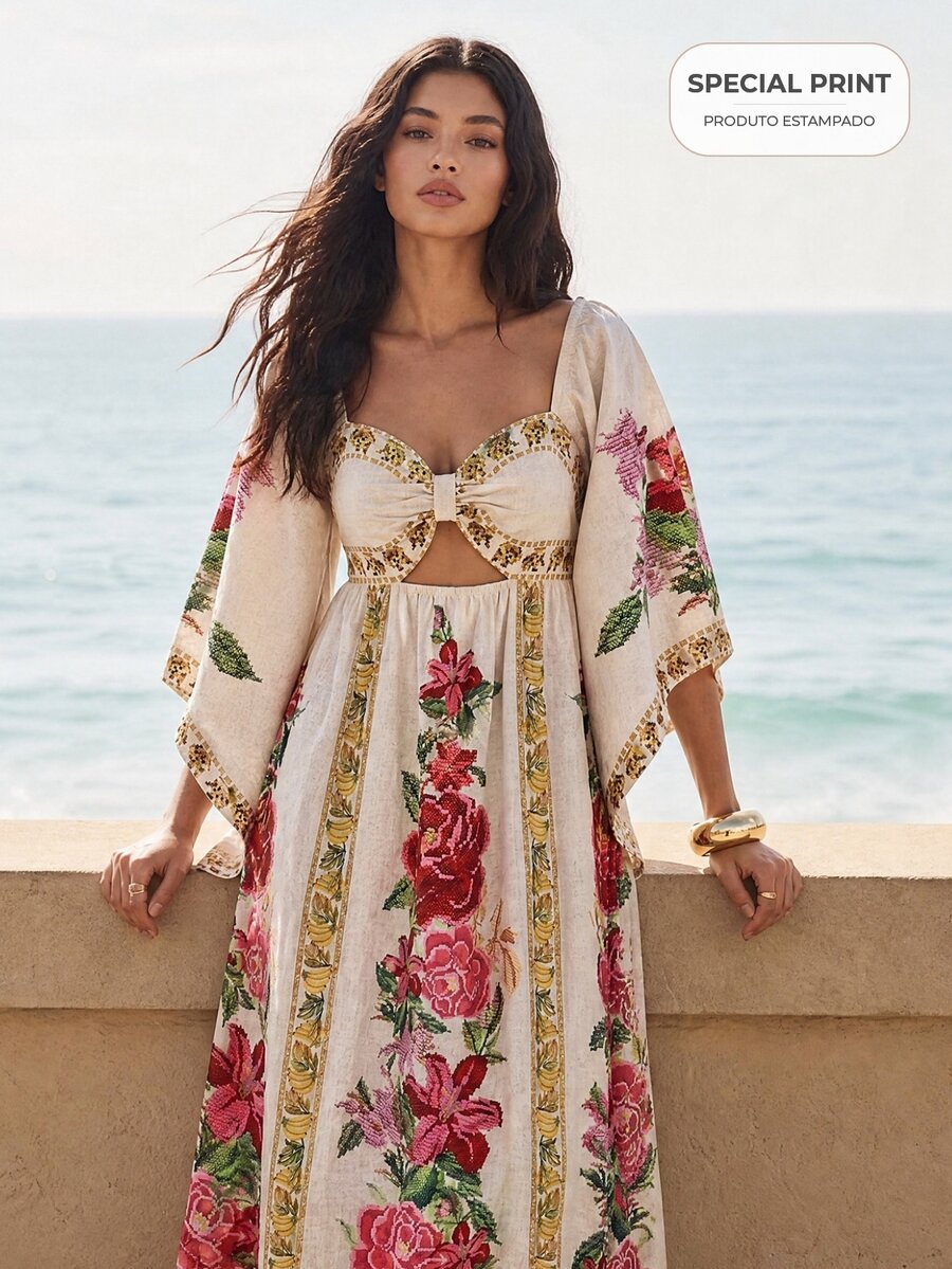 CAJUNI Tropical Vacation Cute Romantic Boho Flowers Long Dress - Multicolor - View 1