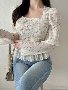 FRIFUL Women's Polka Dot Pleated Casual Versatile Everyday Outing Blouse - White - View 9