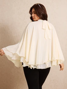 Elaquor Plus Size Women's Solid Color Stand Collar Ruffle Elegant Cape Blouse - Beige - View 2