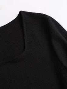 Sweetra Autumn/Winter New Arrival Knitted Textured Solid Color Vintage Square Neck Slim Fit Flattering Metal Button Dress - Black - View 5
