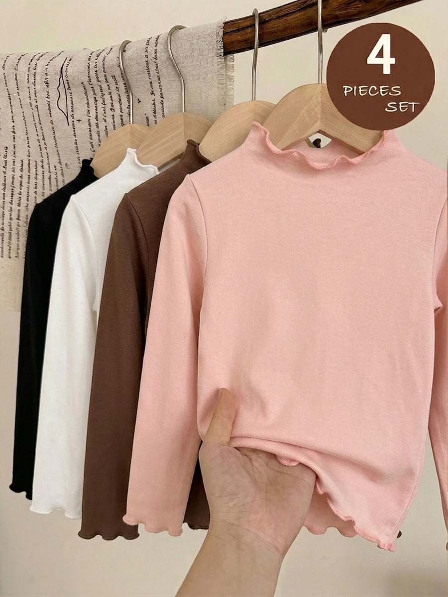 SHEIN Vintaside Kids 4件組少女針織花卉條紋印花荷葉領休閒長袖T恤上衣,適合秋冬穿著,返校季 - 彩色 - 查看 1