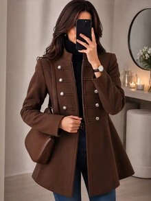 Yalmera Women's Autumn/Winter Solid Color Double-Breasted Zipper Placket Napoleon Overcoat - Brown - View 11