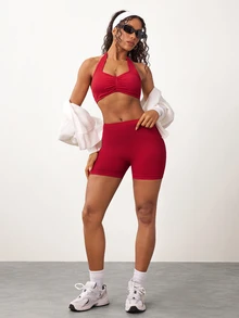 Dewbera Dewbera Seamless Yoga Sports Set Fixed Cup Non-Slip Yoga Sports Shorts - Red - View 7