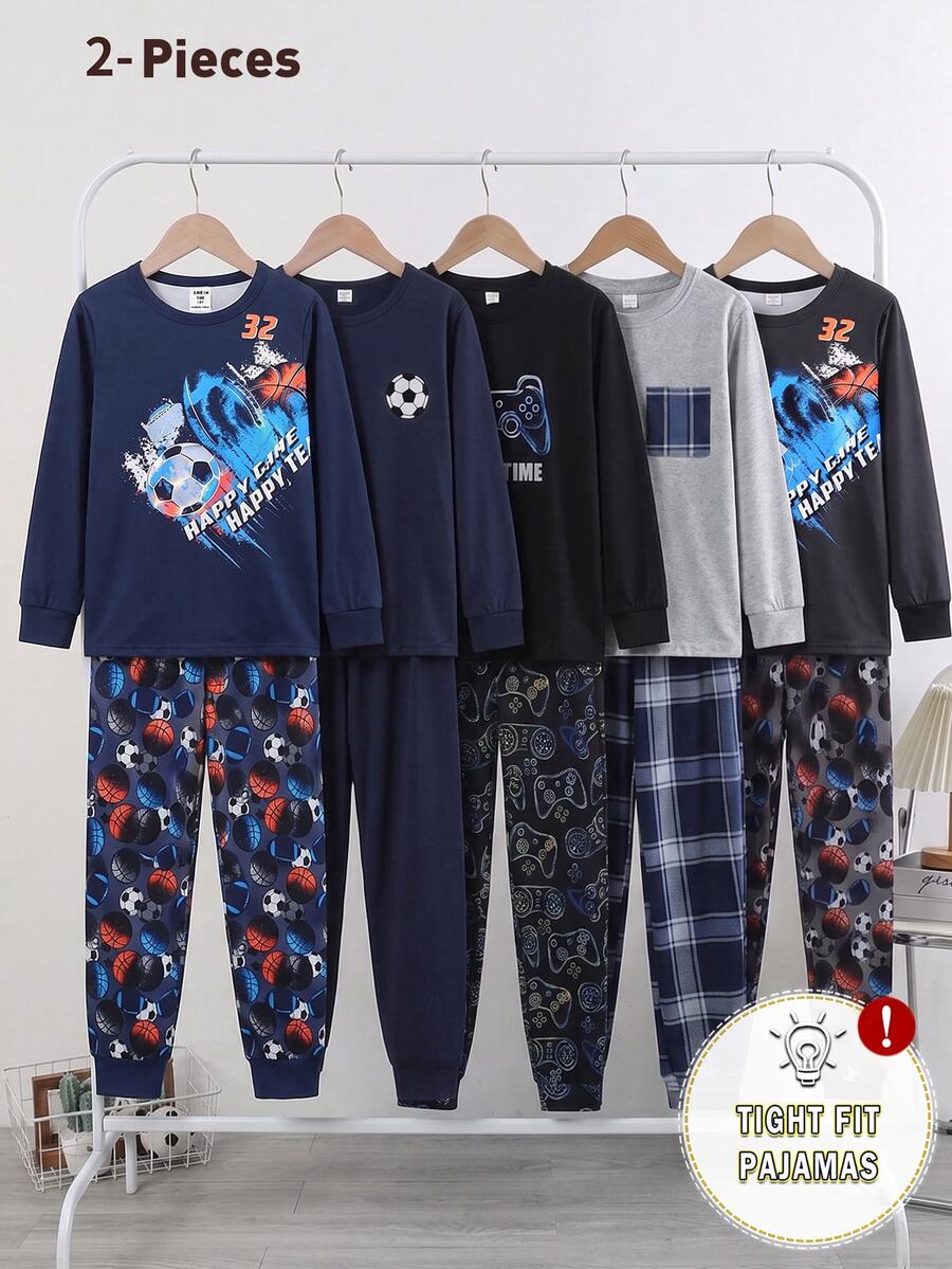 2件組男孩時尚秋冬新款塗鴉效果足球·足球·籃球圖案印花圓領長袖上衣與球類元素滿版印花長褲,針織面料,舒適柔軟高彈性,修身版型,居家休閒睡衣 - 彩色 - 查看 1