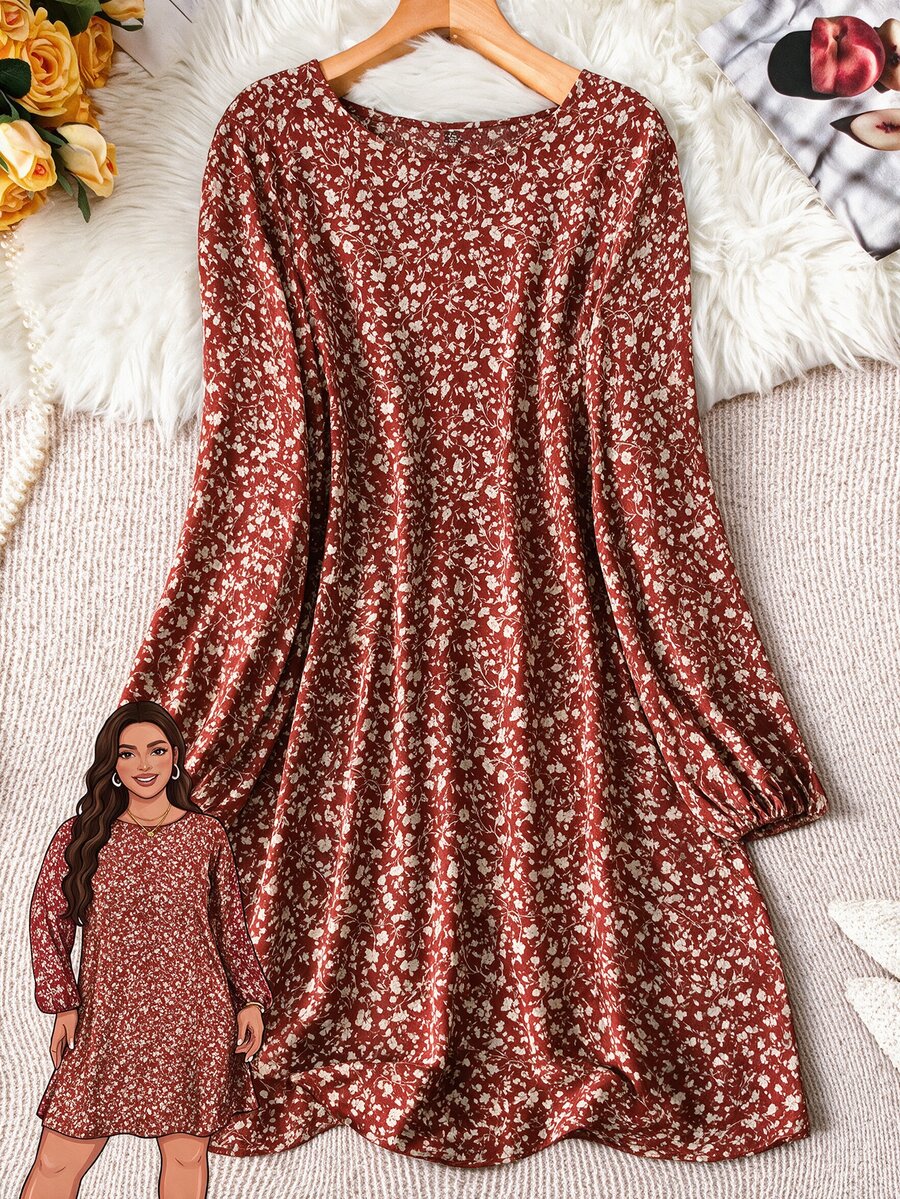 SHEIN LUNE Plus Size Floral Allover Print Short Crew Neck Long Sleeve Dress Winter Clothes - Burgundy - View 1