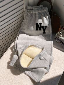 SHEIN EZwear 女款休閒保暖內裡直筒運動長褲，麻灰運動長褲，女款秋冬服飾，滑雪套裝 - 彩色 - 查看 5