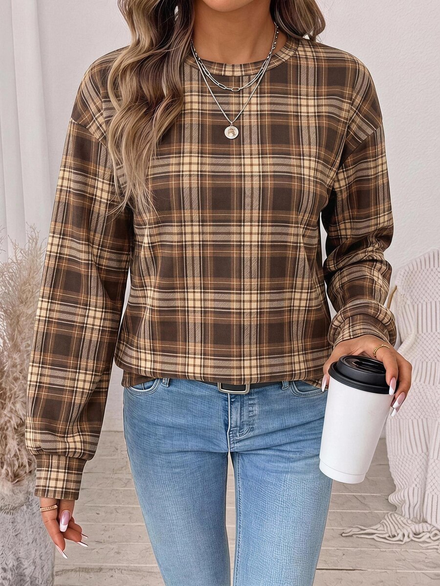 Comfylo 女款英式蘇格蘭格紋休閒簡約大尺碼衛衣,適合感恩節與聖誕節穿搭 - 彩色 - 查看 1