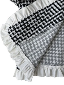 Trelyra Women's French Vintage Elegant Black & White Houndstooth Autumn New Ruffle Trim Patchwork Flared Sleeve Outerwear Jacket - Black and White - View 9