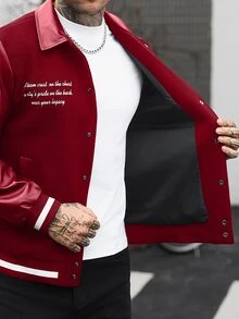 Manfinity CasualCool Men's Solid Colour Patchwork Front Button Long Sleeve Letter Print Casual Baseball Jacket,Teamjacket - Red - View 7