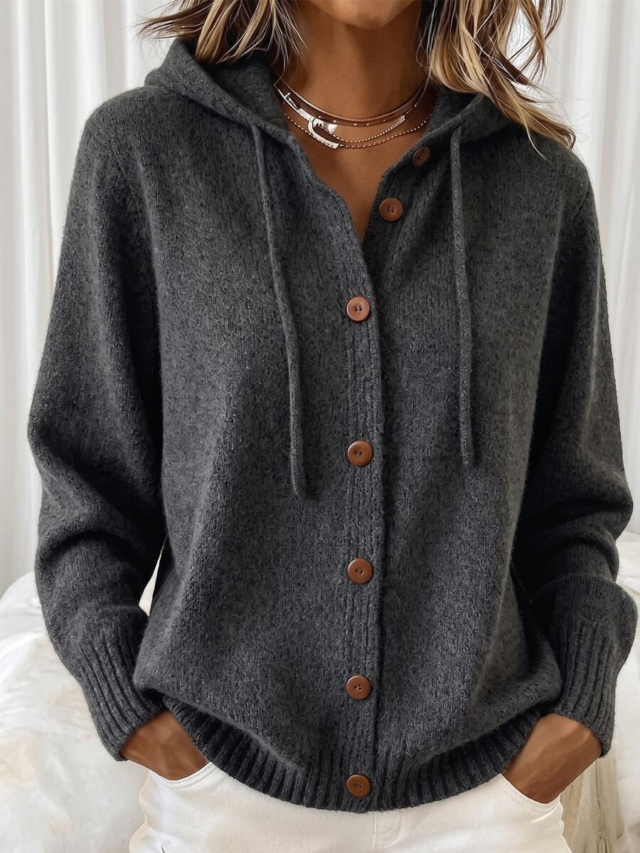 SHEIN LUNE CURVE كارديجان نسائي مقاس كبير أنيق متعدد الاستخدامات بغطاء رأس وأكمام طويلة وأزرار أمامية وكتف عادي - رمادي - مشاهدة 1
