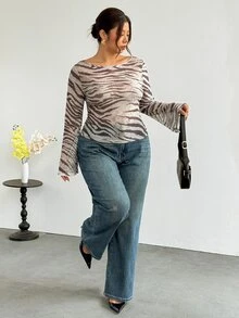 Firerie Plus Size Women's Animal Zebra Print Mesh Flare Sleeve Fitted Top Fall, Fall/Winter, Thanksgiving, New Year - Multicolor - View 3