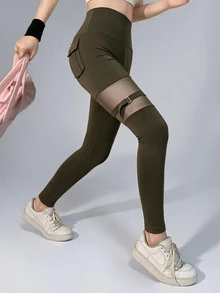 DAZY Women's Mesh Patchwork Casual Daily Wear Sports Leggings - Olive Green - View 3