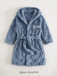 Cozy Pixies 男童秋冬字母圖案保暖內裡加厚連帽長袖繫帶式晨袍，適合居家、浴室、海灘等場合 - 彩色 - 查看 1
