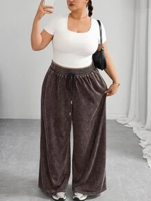 SHEIN CURVE+ 大尺碼黑色直筒寬鬆休閒長褲，紋理羊毛，2026秋冬 22W - 棕色 - 查看 7