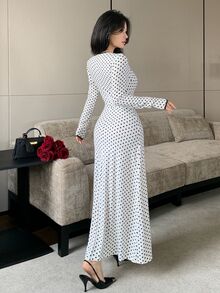 Feyla Women's French Polka Dot Print Pleated V-Neck Dress - White - View 6