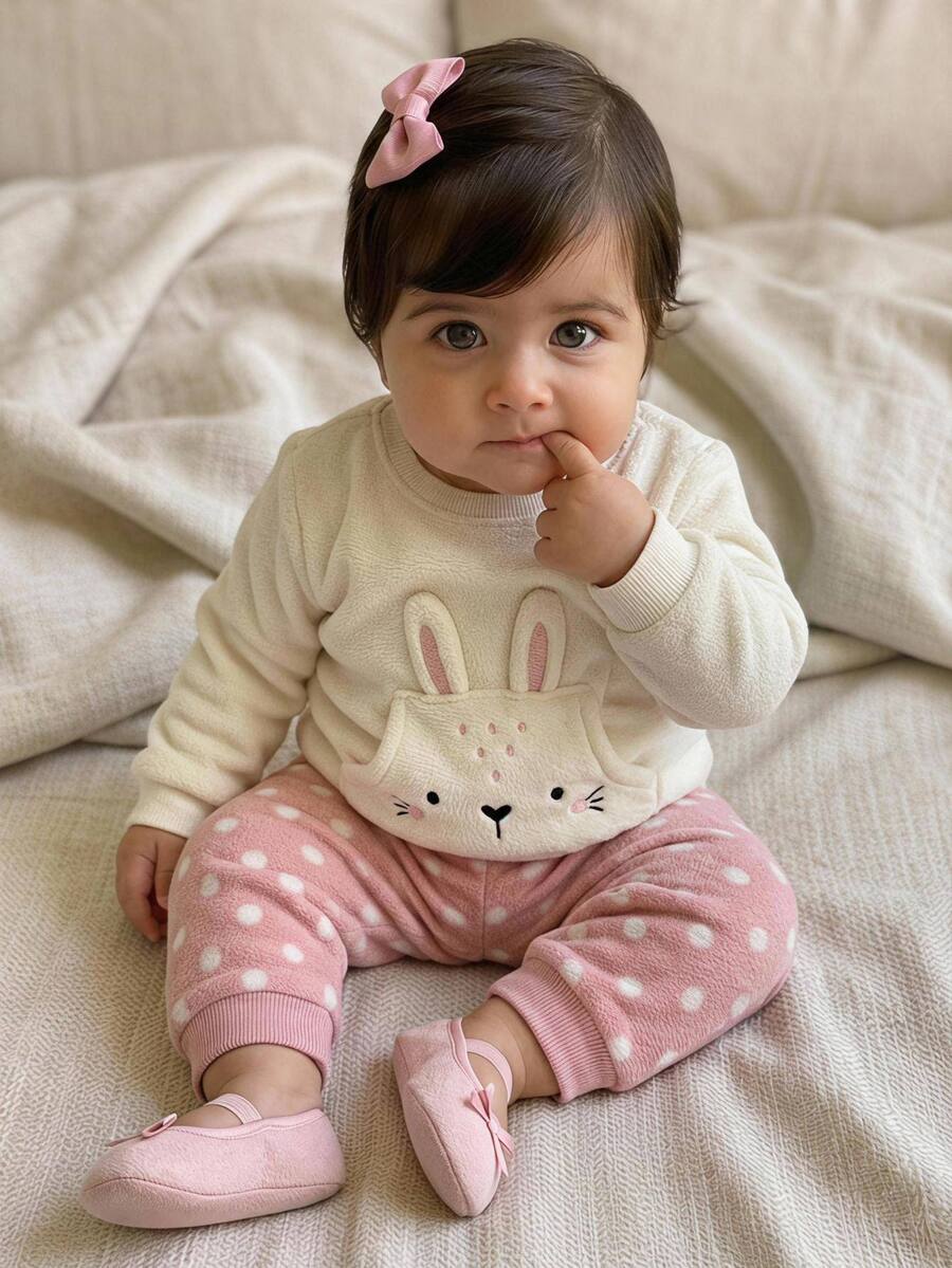 SHEIN Kids Baby Girl Knitted Cute Cartoon Rabbit Embroidered Pattern Crew Neck Pullover Faux Fur Sweatshirt With Elastic Waist Polka Dot Faux Fur Long Pants 2 Pieces Set, Suitable For Autumn/Winter, Casual Versatile Comfortable - Multicolor - View 1
