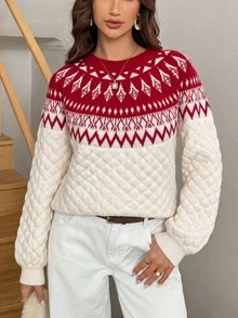 Easowa Women's Textured Holiday Jacquard Long Sleeve Sweater For Vacation - Red and White - View 3
