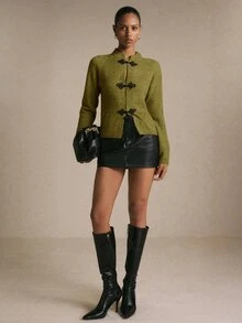 Poéselle Áo cardigan nữ cổ tròn cài nút thắt kiểu Trung Quốc, phong cách Trung Hoa, trang phục đi brunch, đồ công sở, áo basic thanh lịch, thường ngày, thu/đông - xanh quân đội - Xem 2