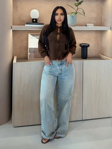 SHEIN SXY كارديجان نسائي محبوك كاجوال بلون موحد وأكمام طويلة وأزرار أمامية على شكل ضفدع - قهوة بني - مشاهدة 3