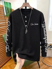 SHEIN 青少年男孩 2 合 1 長袖 T 恤，華夫格紋小 V 領上衣，寬鬆版型，休閒百搭運動風，日常秋季騎行穿搭 - 黑色 - 查看 1