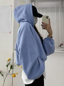 DAZY 女款純色連帽寬鬆短版運動衫 - 寶藍色 - 查看 2