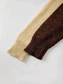 SHEIN 秋冬拼接撞色V領針織毛衣，對比分色長袖寬鬆上衣 - 米色 - 查看 4