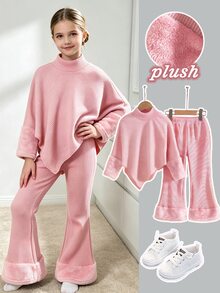 Elladie kids Tween女孩秋冬休閒T恤套裝，不對稱設計高領針織羅紋布料棕色純色長袖上衣，搭配棕色休閒喇叭長褲，2件套，適合秋冬返校季，優雅女士極簡通勤高級穿搭，適用日常上學、外出、度假與派對 - 粉色 - 查看 3