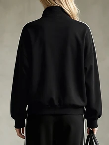 Linhara CURVE New Chinese Style Frog Button Contrast Design, White Trim Stand Collar Sweatshirt Paired With Wide Leg Pants, Suitable For Daily Casual, Commuting, Picnic - Black and White - View 2
