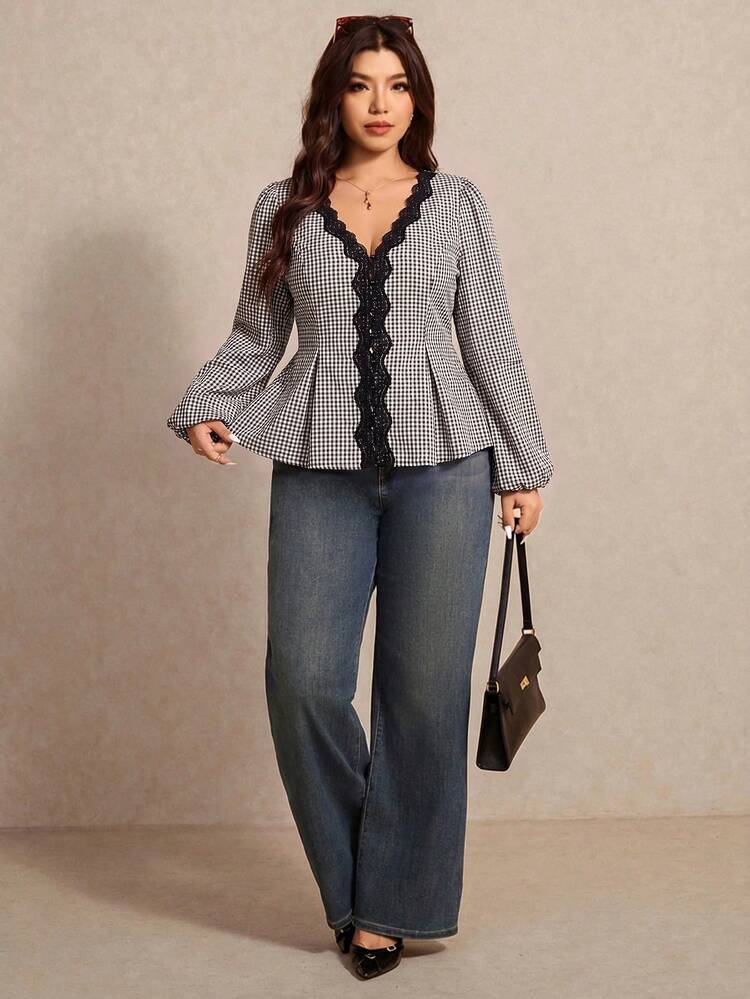 Elaquor Plus Size Women's Spring/Autumn Vintage Elegant Plaid Print Contrast Lace Waist-Cinching Blouse - Black and White - View 3
