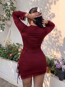 GalTyme Plus Size Solid Color Lace Patchwork Side Slit Dress Fall - Burgundy - View 2