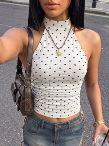 SHEIN ICON 女款波點印花修身休閒掛脖背心 - 白色 - 查看 3