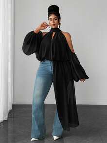 Maweii Plus Size Women's Solid Color Cold Shoulder Casual Daily Wear Blouse - Black - View 4