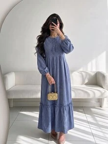 Yasmyna New Embroidered Patchwork Waist-Cinching Comfortable Loose Casual Vacation Daily Versatile Dress - Blue - View 4