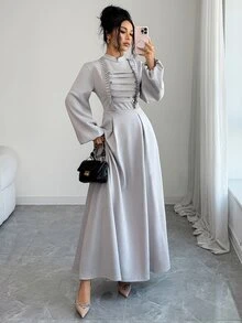 Yasmyna Women's Elegant Double-Breasted Long Sleeve Arabian Dress - Grey - View 6