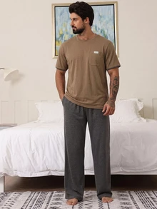 DAZY Summer Solid Color Label T-Shirt & Men's Loungewear Set - Camel - View 7