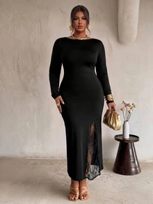 Firerie Plus Size Women's Lace Patchwork Elegant Cinched Waist Party Dress - Black - View 5