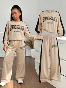 SHEIN Tween Girl Long Sleeve Kids Crew Neck Striped & Letter Print Sweatshirt And Sweatpants 2 Pieces Set - Apricot - View 13