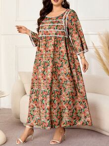 Lacomfia Plus Size Loose Fit Bamboo Linen Printed Fabric Dress With Patchwork Lace On Front Panel And Cuffs, Casual Style For Spring And Summer Daily Wear - Multicolor - View 3