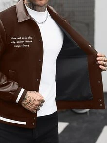 Manfinity CasualCool 男士純色拼接前扣長袖字母印花休閒棒球夾克，隊服夾克 - 棕色 - 查看 5
