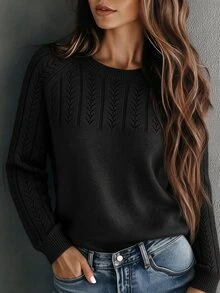 SHEIN 女款純色鏤空圓領長袖休閒套頭針織衫 - 黑色 - 查看 6
