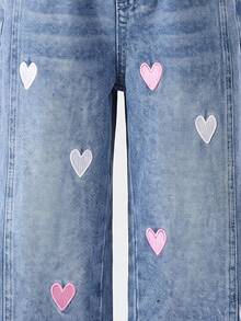 SHEIN Genkimix Kids 女童牛仔長褲 新季節可愛趣味風格 復古牛仔女郎牛仔風 淺藍色彈性腰頭 粉色白色愛心刺繡設計 貓鬍鬚 秋季 - 淺色水洗藍 - 查看 3
