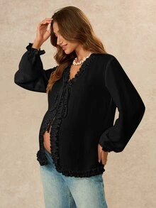 Boho Mama Maternity V-Neck Casual Everyday Outing Blouse - Black - View 6