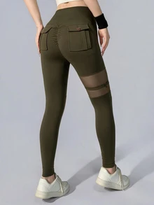 DAZY Women's Mesh Patchwork Casual Daily Wear Sports Leggings - Olive Green - View 2