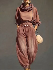 Balvessa 女款休閒日常牛仔褲，附口袋與鈕扣 - 棕色 - 查看 6