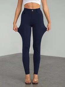 SHEIN Tall 女款休閒極簡純色高腰修身長褲 - 藏蓝色 - 查看 6