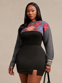 SHEIN SXY Plus Size Women's Diamond Lattice Casual Daily Long Sleeve Sweater - Multicolor - View 5
